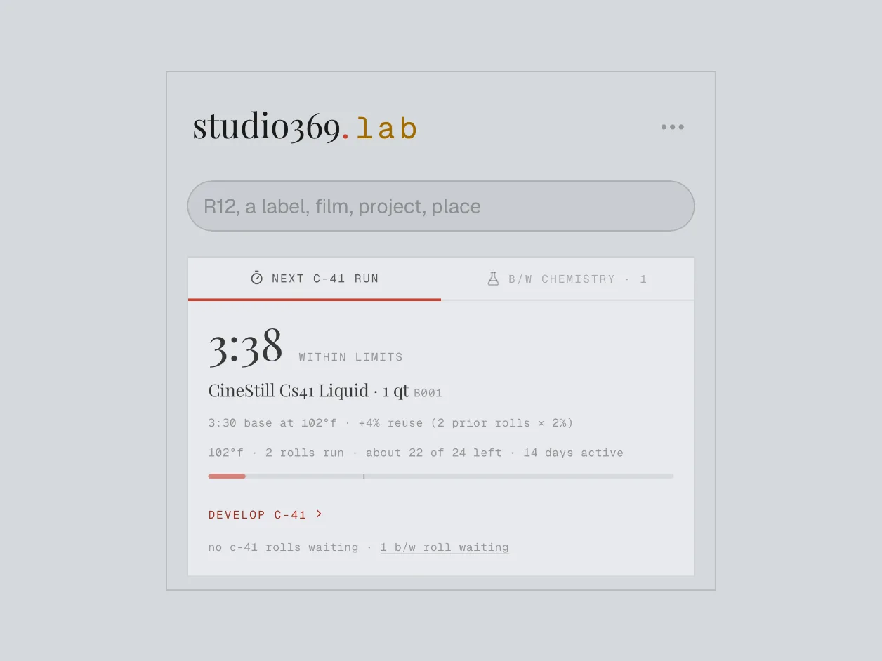 from the founder's own practice. lab's home on a phone during a c-41 run: 3:38, the 3:30 base time at 102°f plus 4% for the two rolls already through the kit.