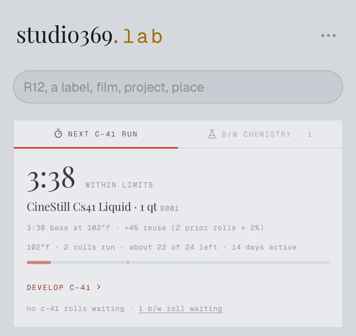 from the founder's own practice. lab's home on a phone during a c-41 run: 3:38, the 3:30 base time at 102°f plus 4% for the two rolls already through the kit.