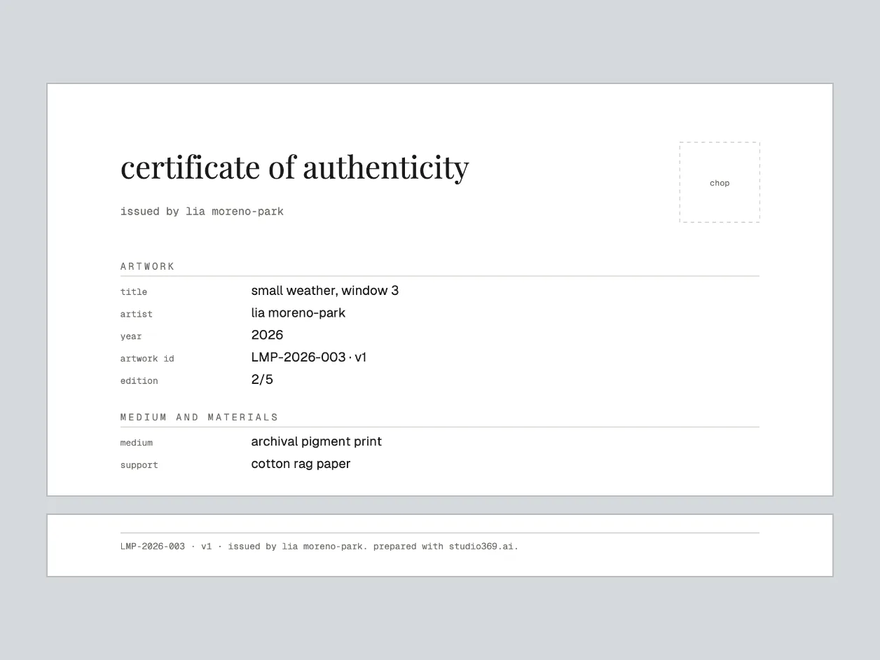 an example certificate, for a fictional work. page one, made from the work's record: its artwork id, edition 2/5, dimensions and provenance.