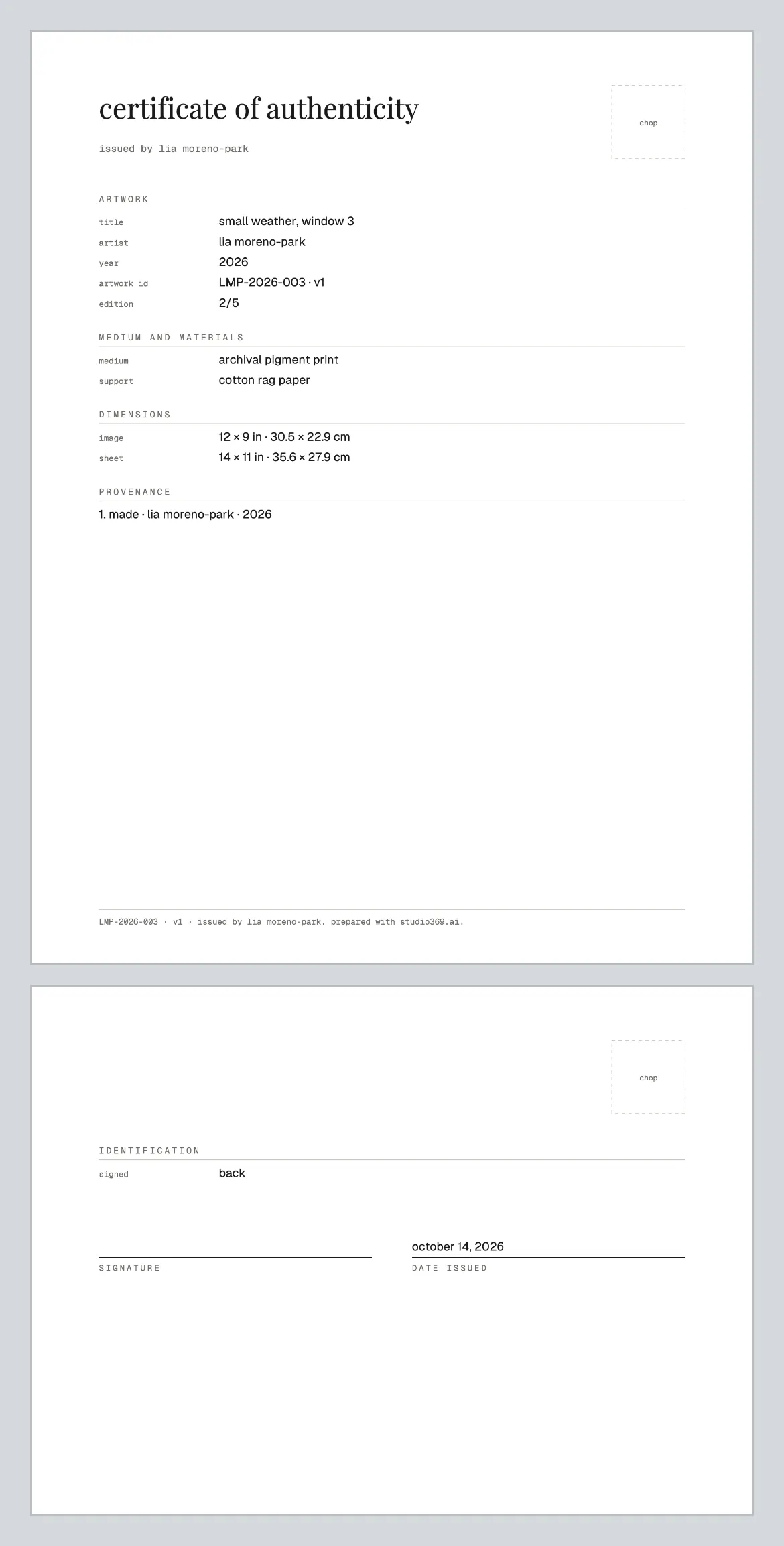 an example certificate, for a fictional work. page one, made from the work's record: its artwork id, edition 2/5, dimensions and provenance. …and page two, with the signature line, the date issued and a qr code, covered.