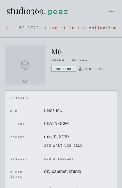 the camera. a Leica M6, serial CHAIN-0001, kept in gear and marked "also in lab".
