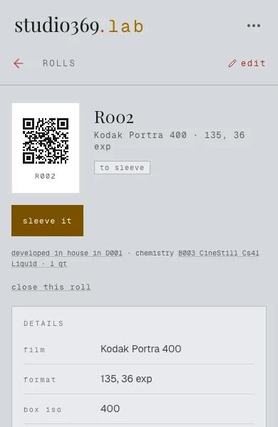the roll. R002 names its camera, the session it was developed in (D001) and the kit (B003).